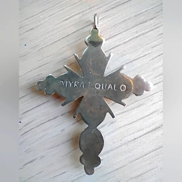 Vintage Native American Zuni Blue Turquoise Sterling Cross Pendant Myra T Qualo